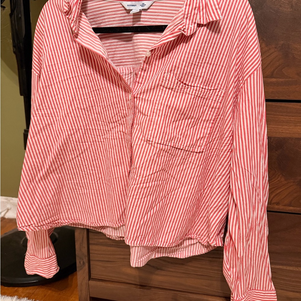 Red and White Pinstriped Cropped Button-Up Shirt